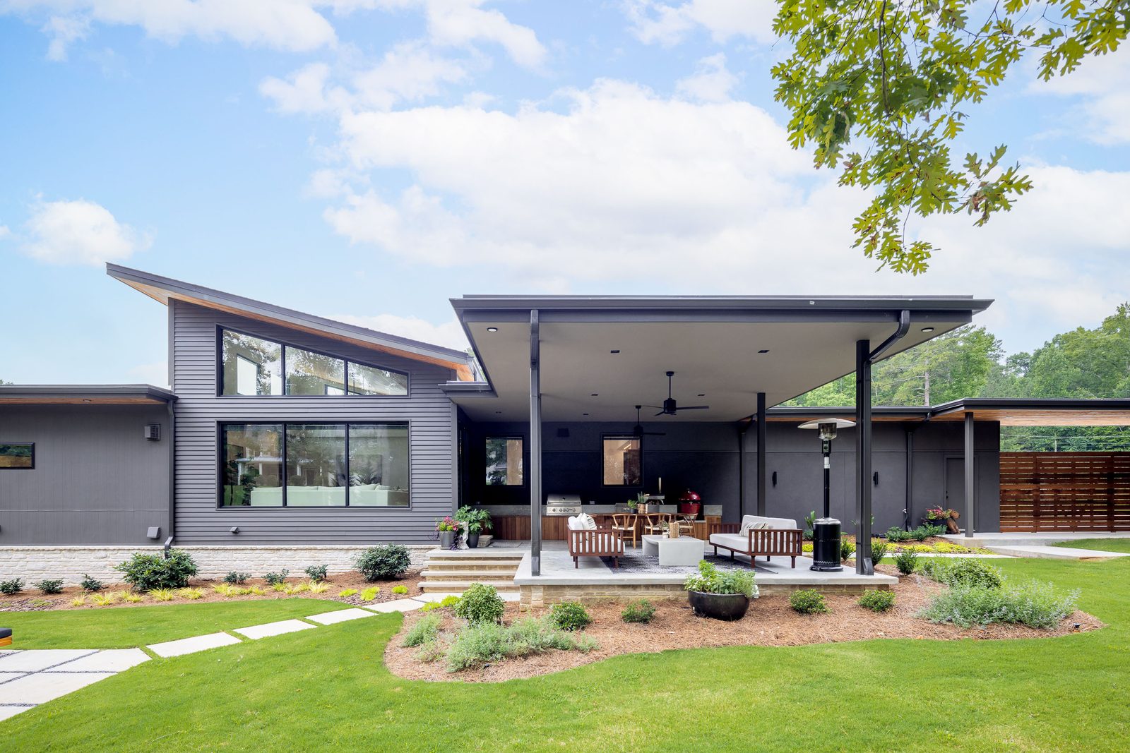 Rear yard with covered patio and open lawn — The Ortiz Home, custom home built by Ironwood Construction Group in Sugar Hill, Georgia
